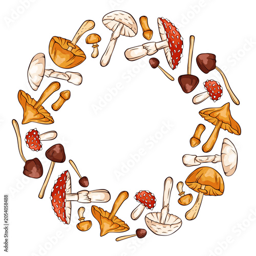 Mushroom wreath in cartoon. Autumn mushroom circular border with inedible mushroom. Nature forest flora decoration. Illustration for greeting card, banner, poster.