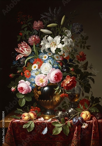 Floral Still Life - A Vibrant Bouquet of Roses and Lilies.