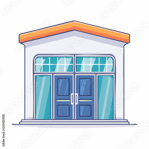 Modern Building Entrance with Double Doors and Large Windows