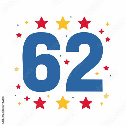 Number 62 with Stars and Confetti