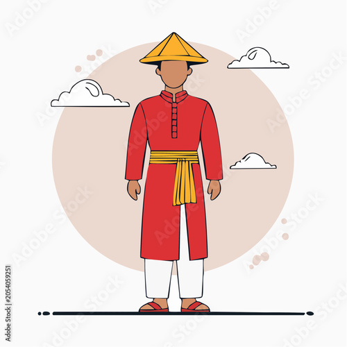 Vietnamese Man in Traditional Ao Dai and Non La Hat