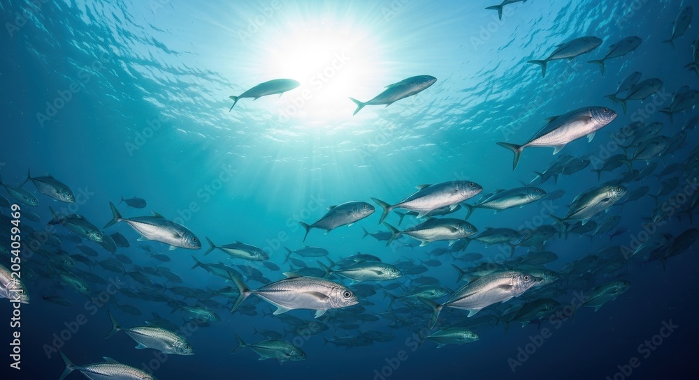 Fototapeta premium School of Jack Fish Swimming in Clear Blue Ocean Water with Bright Sun Rays Filtering from Surface