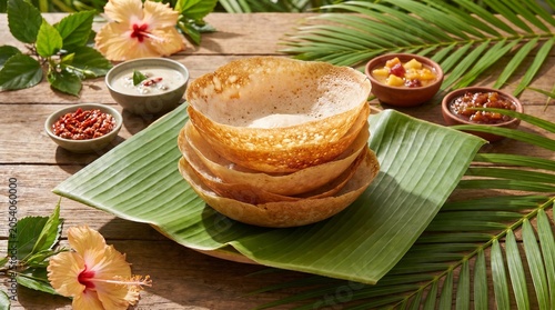 Stack of golden Sri Lankan hoppers arranged elegantly on a banana leaf, tropical dining setting, vibrant colors, commercial food photography, ultra detailed