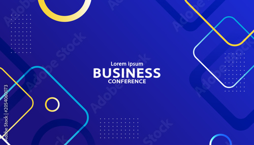 Business conference background for presentation slide template with copy space. Dark blue corporate geometric background with gold and blue lines for online seminar meeting, tech webinar banner