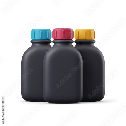 Three matte black plastic bottles with cyan magenta and yellow caps isolated on white background 3D render