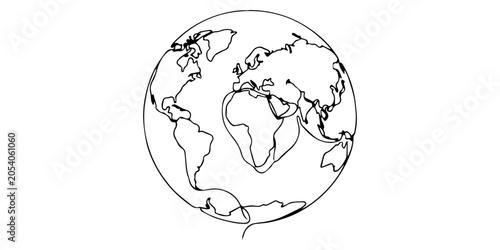 One line drawing of earth globe continents and oceans minimalist style