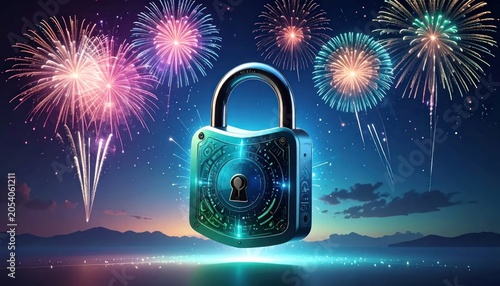 Digital glowing padlock with festive fireworks in night sky.