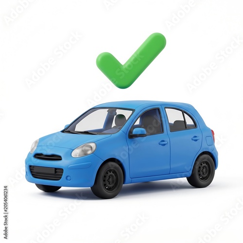 Blue subcompact car 3D render with green checkmark symbol isolated on white background studio lighting
