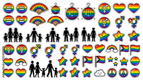 Collection of colorful pride symbols and rainbow icons