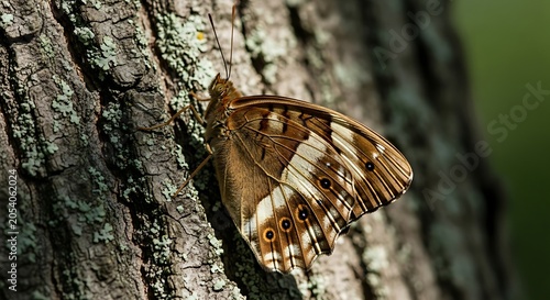 Butterfly Resting on Tree Bark in Natural Light.