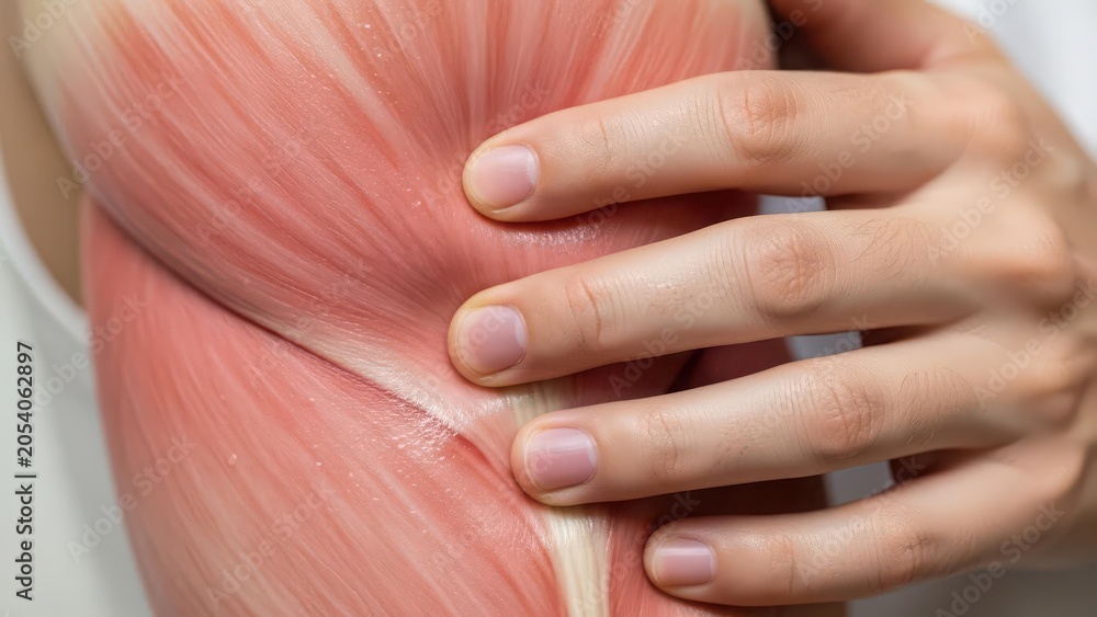 Naklejka premium Close-up of a person's hand touching their upper arm with an anatomical overlay showing detailed muscle structure, illustrating pain or medical examination.