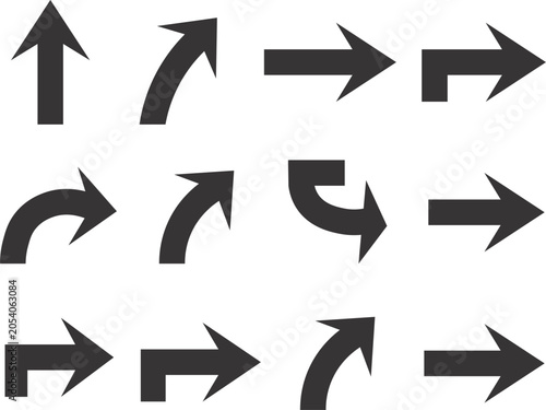 Black Arrow Elements Collection Vector Set, Directional Arrow Icons Pack, Navigation Symbols, Curved and Straight Pointer Signs