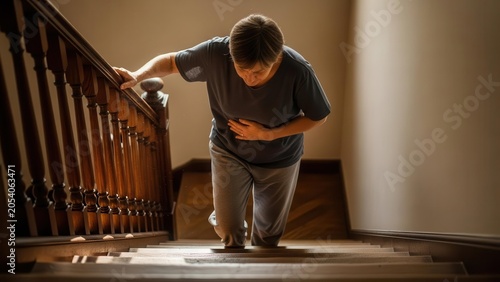 A man in distress clutching his stomach while struggling to climb a wooden staircase, appearing to be in pain or discomfort.