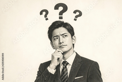 A man in a suit ponders an issue while a question mark floats above him