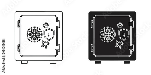 Secure metal safe with lock and shield icons in clean outline and solid black vector styles