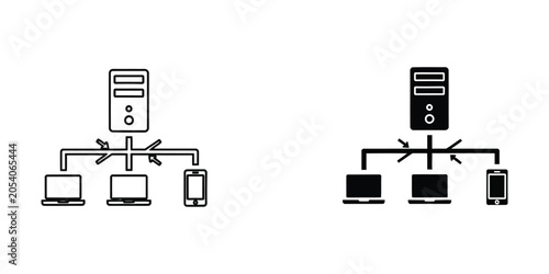 Server connected to laptops and smartphone with network lines in a clean white background