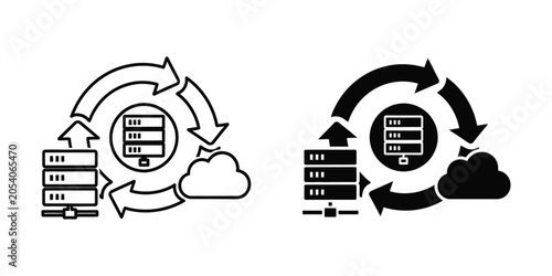 Server rack with cloud and circular arrows during data synchronization