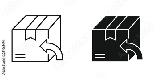 Shipping box with return arrow icon in outline and solid black on white background vector illustration