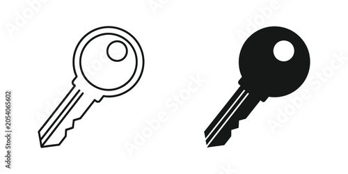 Two keys one line drawing and one solid silhouette on white background representing access and security concepts