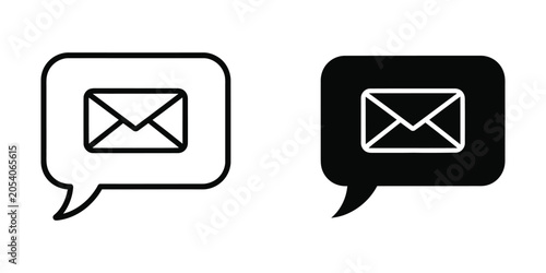 Two speech bubbles with an email icon inside one outlined and one solid black on a white background