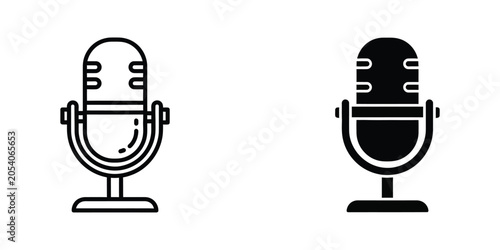 Vintage microphone icon and silhouette on white background retro audio recording concept clean graphic design