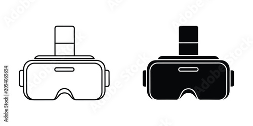 Virtual reality headset in outline and solid black isolated on white background for digital innovation