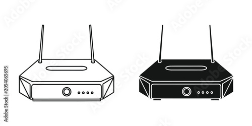 Wireless router line art and silhouette against white background for technology concepts
