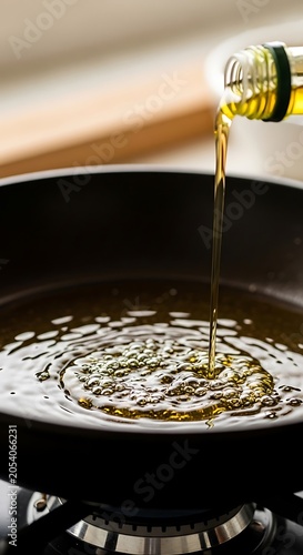 Pouring Oil into a Hot Pan for Cooking.