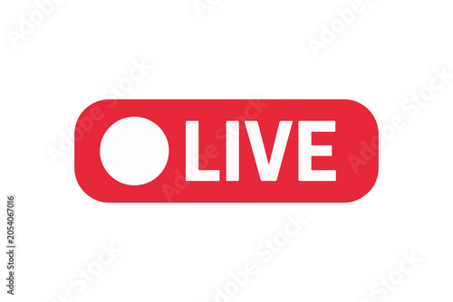 Live streaming red button icon with white text and circle symbol for digital media broadcast.