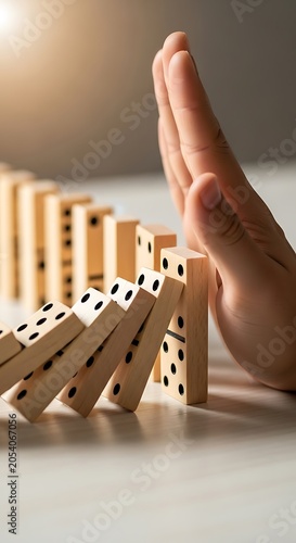 Preventing Domino Effect - Hand Stopping Falling Dominoes.