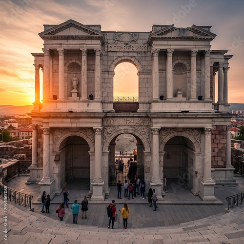 Ancient Roman Architecture - The Porta Macedonia in Skopje at Sunset.