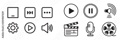 Media player and video production vector icon set featuring play pause volume clapperboard microphone and film reel symbols