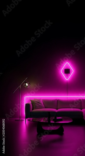 Neon-lit Interior - Modern Living Room with Pink Accents and Dark Walls.