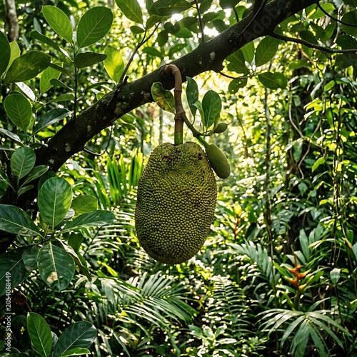 Jackfruit hanging from tree branch.