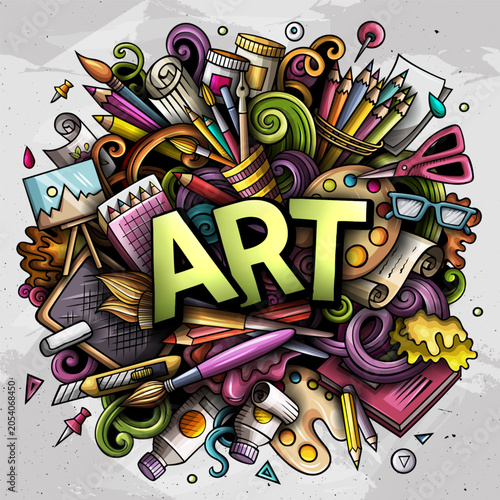 Cartoon vector illustration doodle art hand lettering text with creative symbols. Design element for poster banner card flyer web pattern or book cover