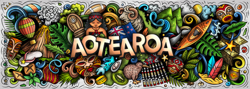 Obraz na plátně Aotearoa, New Zealand vector illustration with nature, Maori culture, mountains, beaches, wildlife and adventure activities