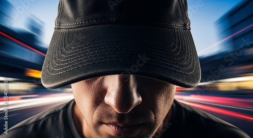 Intense Focus - Man in Shadow with Blurred Cityscape Background.