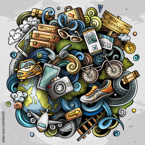 Travel and tourism cartoon doodle illustration. Vector hand drawn composition with transport, luggage, and vacation symbols in a chaotic circular design