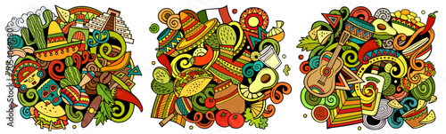 Mexico cartoon vector doodle designs set. Colorful detailed compositions with lot of Mexican objects and symbols. Authentic local cultures illustration