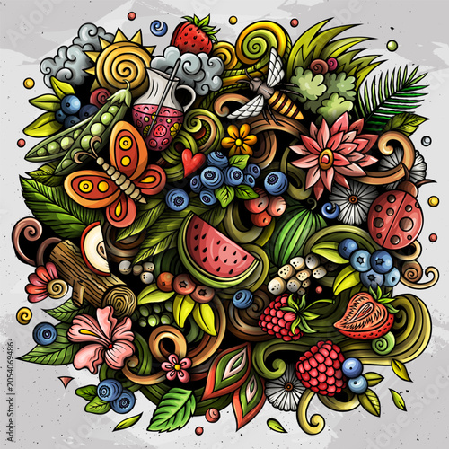 Summer nature hand drawn cartoon doodle illustration. Funny seasonal design. Creative vector background. Handwritten text with summertime elements and objects. Colorful composition