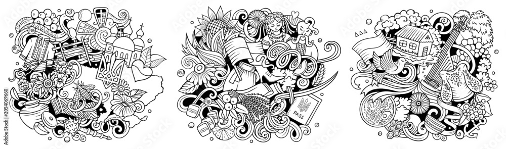 Obraz premium Ukraine cartoon vector doodle designs set. Sketchy detailed compositions with lot of ukrainian objects and symbols. Authentic local cultures illustration
