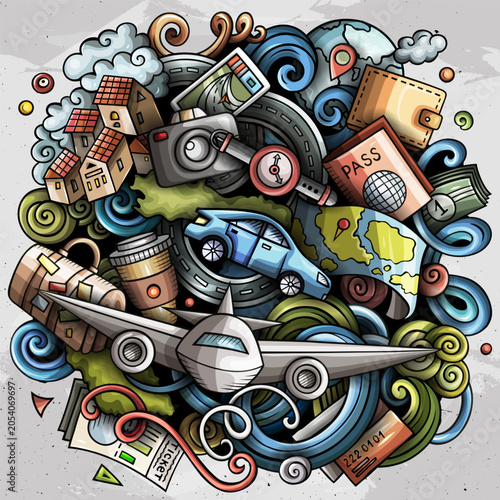 Cartoon doodle vector illustration of travel objects and symbols, featuring an airplane, car, passport, camera and various vacation elements.