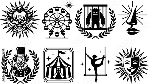 Canvastavla Vintage Freak Show and Circus Carnival Icon Set with Creepy Clown Ferris Wheel M