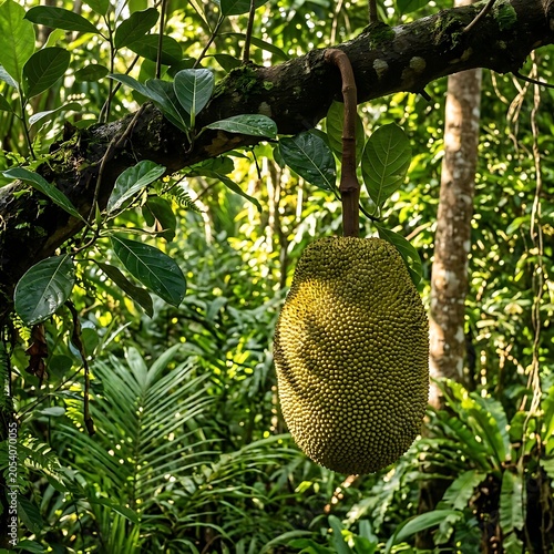 Jackfruit hanging from tree branch.