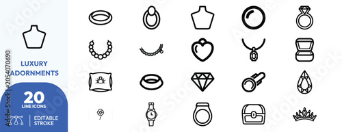 Fényképezés Opulent Jewels and Accessories Line Icons Collection.