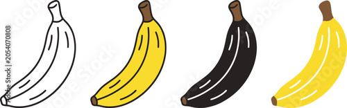 Fotografie Four cartoon bananas in different stages of ripeness on white background
