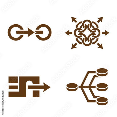 Circular arrow symbols and knotwork designs brown vector illustrations on white background
