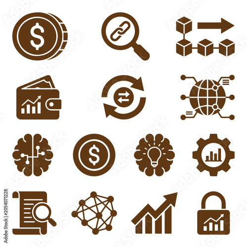Collection Of Business Icons In Brown Silhouette Style On White Background