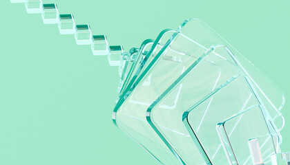 Abstract transparent glass geometric shape on pastel background