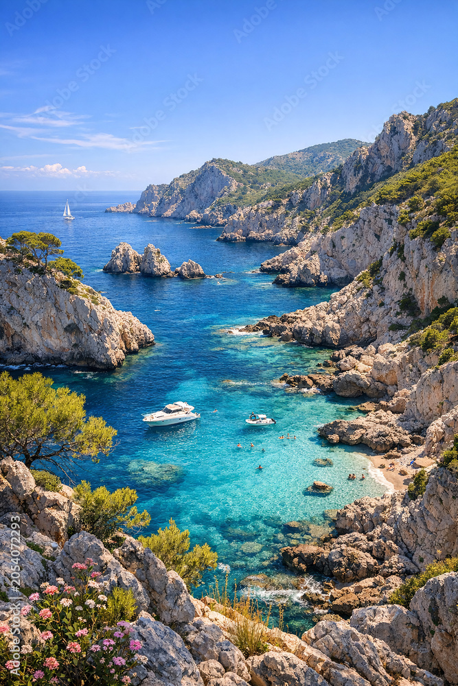 Obraz premium A picturesque coastal landscape featuring a sailboat on the horizon